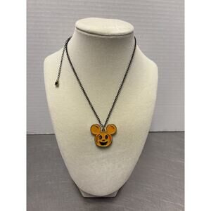 Mickey Mouse Pumpkin Halloween Necklace Disney Orange Pendant Goldtone Black 19"